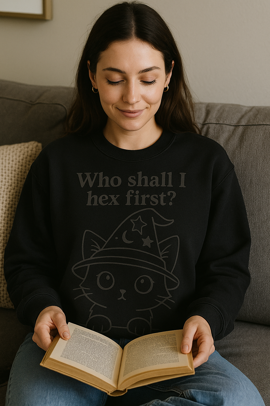 “Who Shall I Hex First?” Witchy Cat Sweatshirt – Cozy Halloween / Gothic Cottagecore Pullover