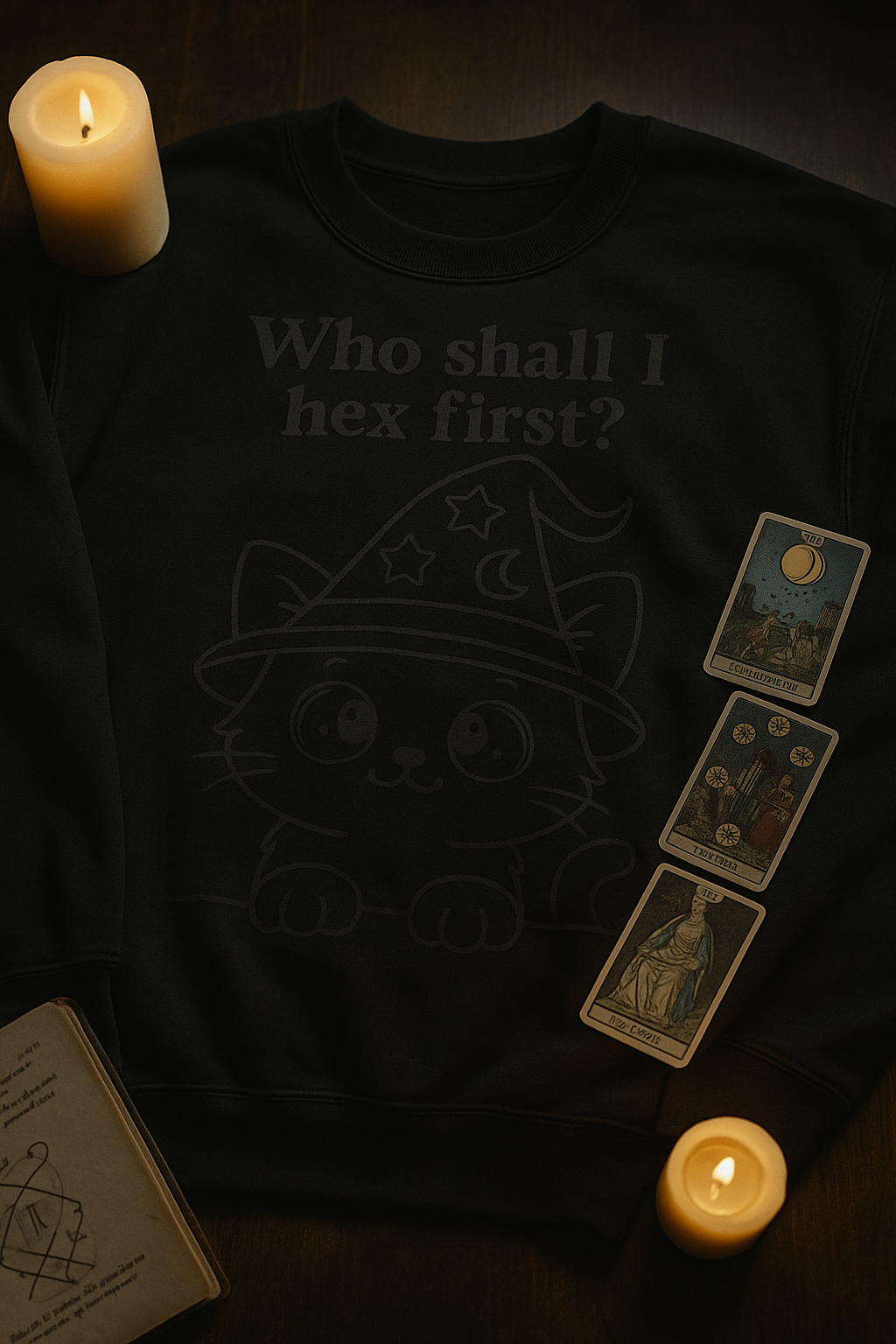 “Who Shall I Hex First?” Witchy Cat Sweatshirt – Cozy Halloween / Gothic Cottagecore Pullover