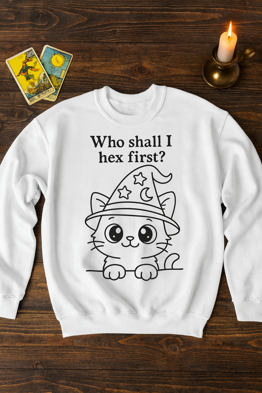“Who Shall I Hex First?” Witchy Cat Sweatshirt – Cozy Halloween / Gothic Cottagecore Pullover