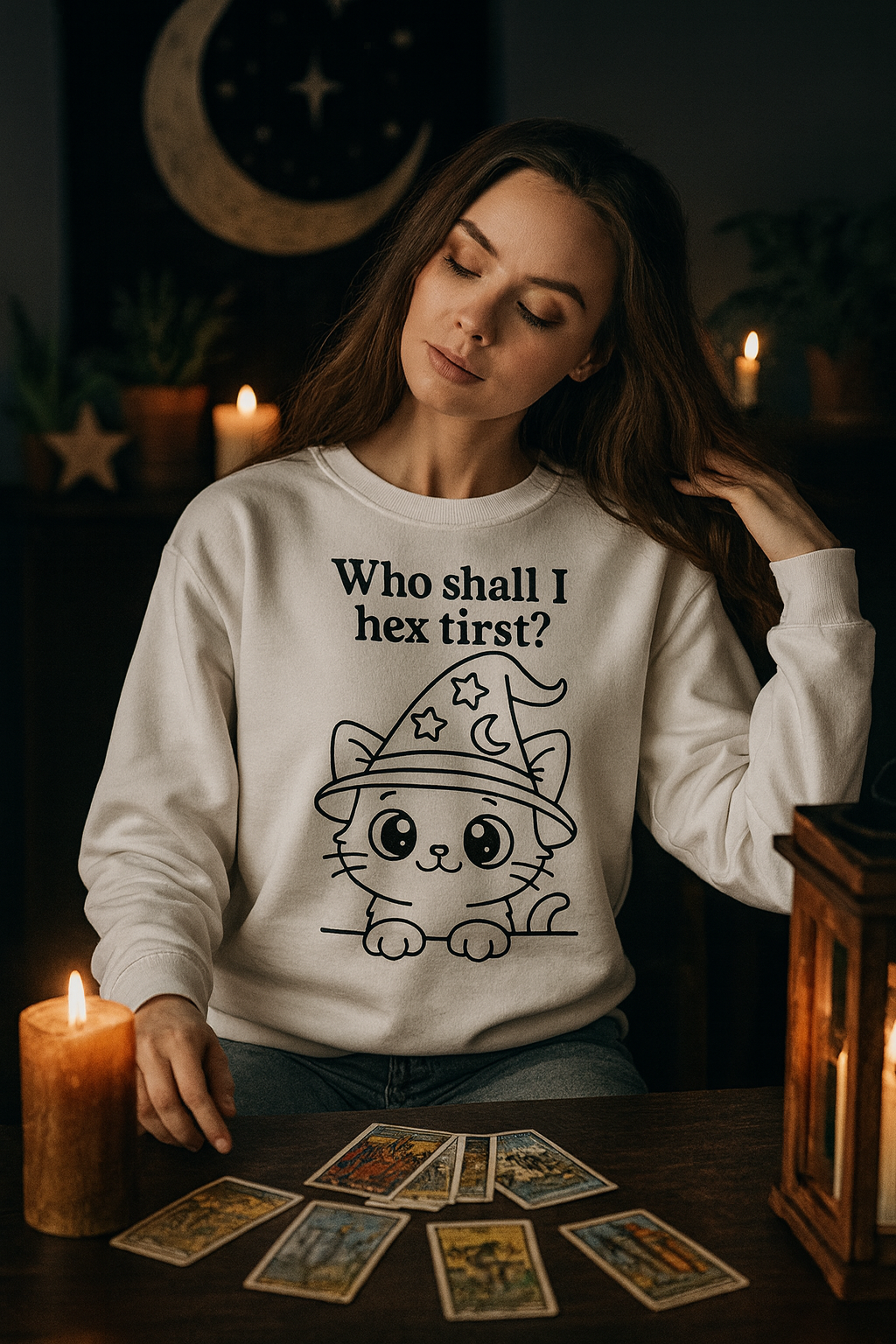“Who Shall I Hex First?” Witchy Cat Sweatshirt – Cozy Halloween / Gothic Cottagecore Pullover