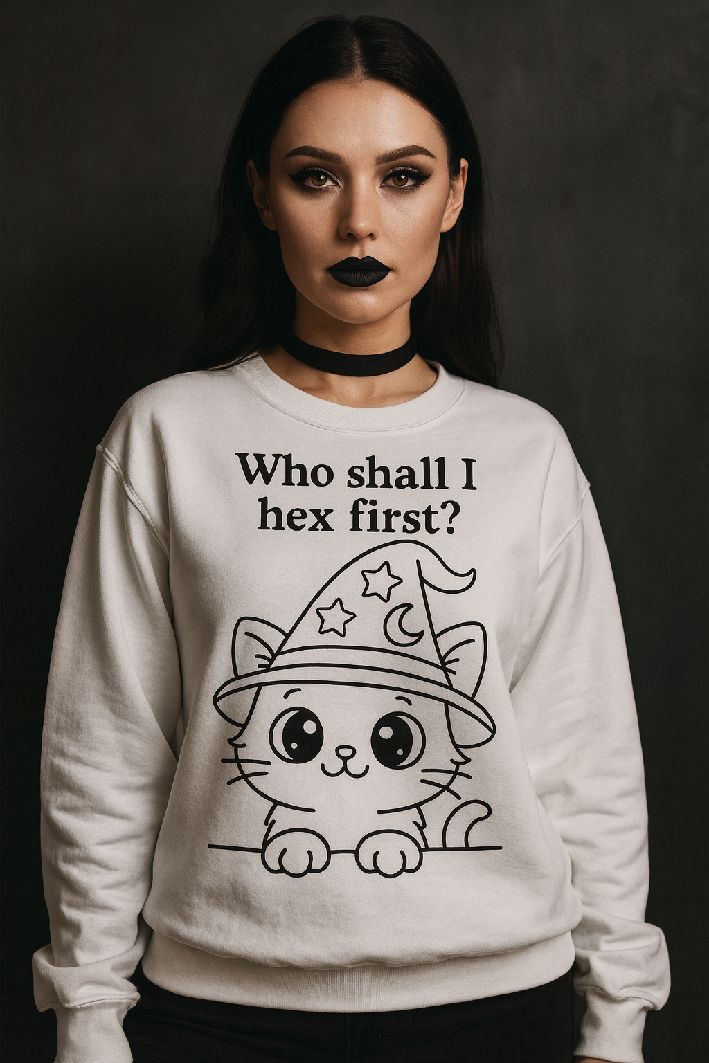 “Who Shall I Hex First?” Witchy Cat Sweatshirt – Cozy Halloween / Gothic Cottagecore Pullover
