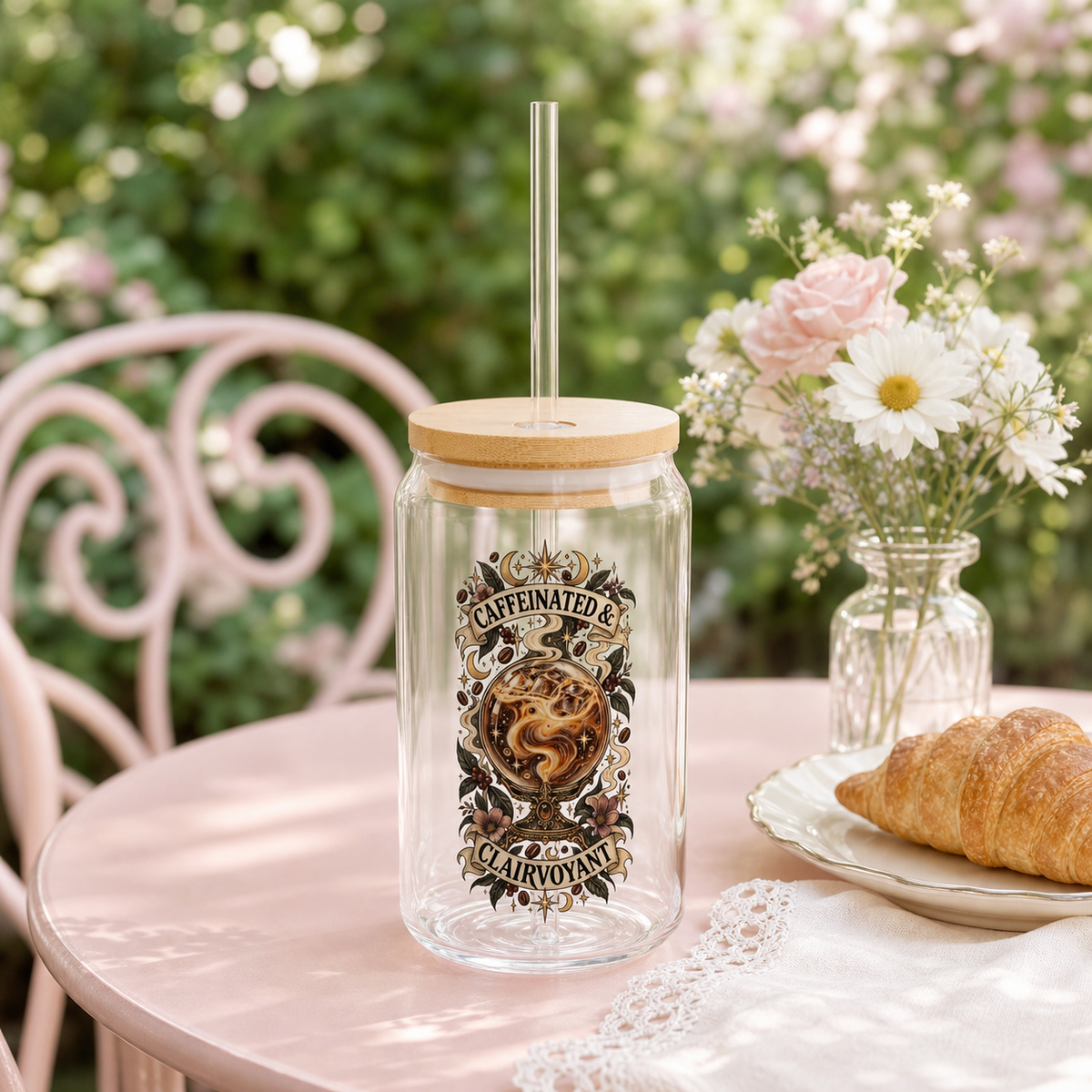 Caffeinated & Clairvoyant 16oz Glass Sipper | Witchy Iced Coffee Tumbler