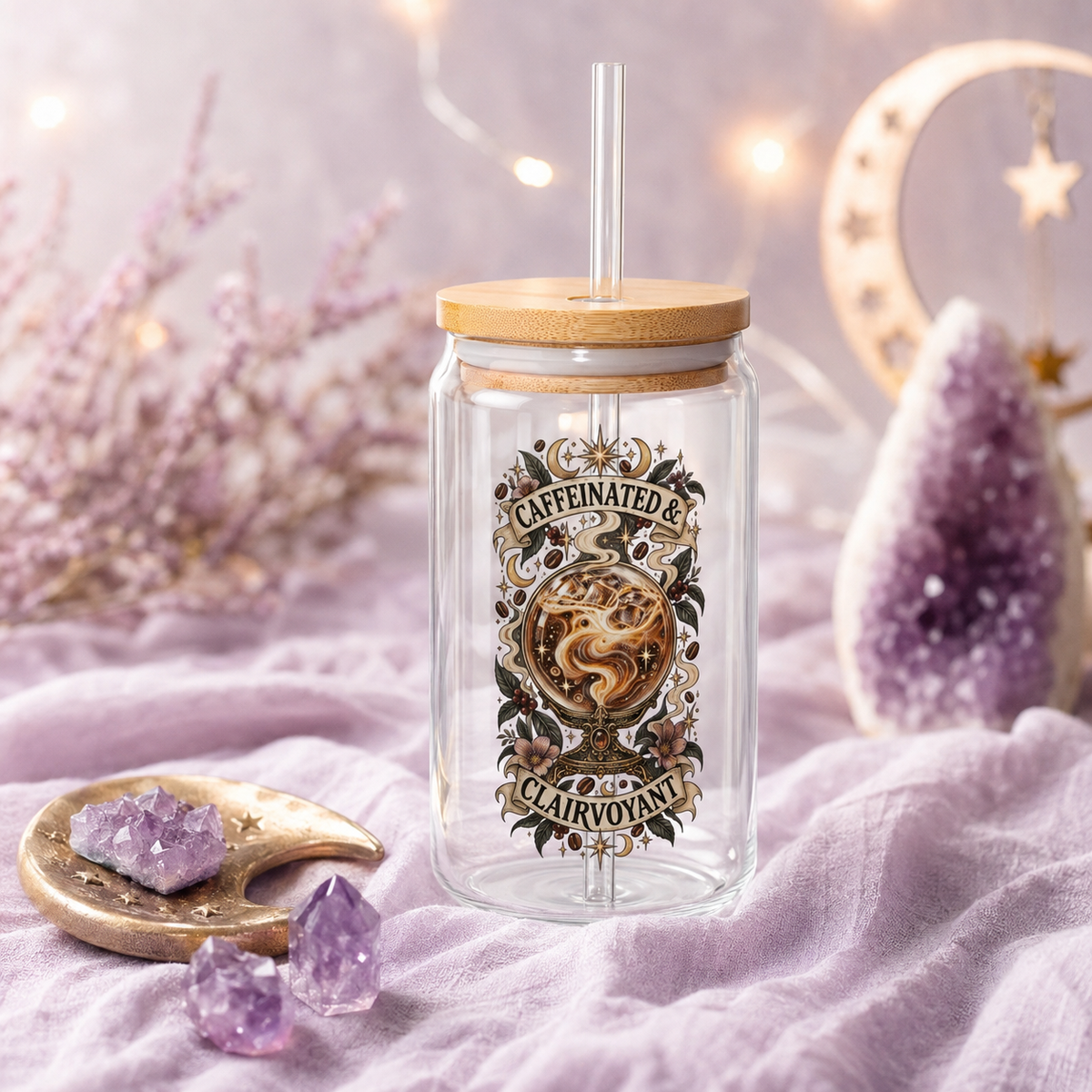Caffeinated & Clairvoyant 16oz Glass Sipper | Witchy Iced Coffee Tumbler