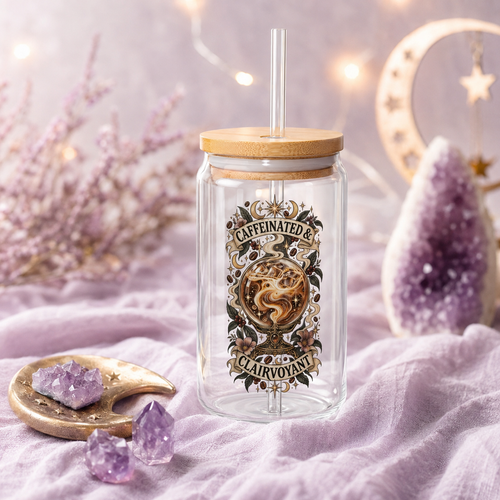 Caffeinated & Clairvoyant 16oz Glass Sipper | Witchy Iced Coffee Tumbler