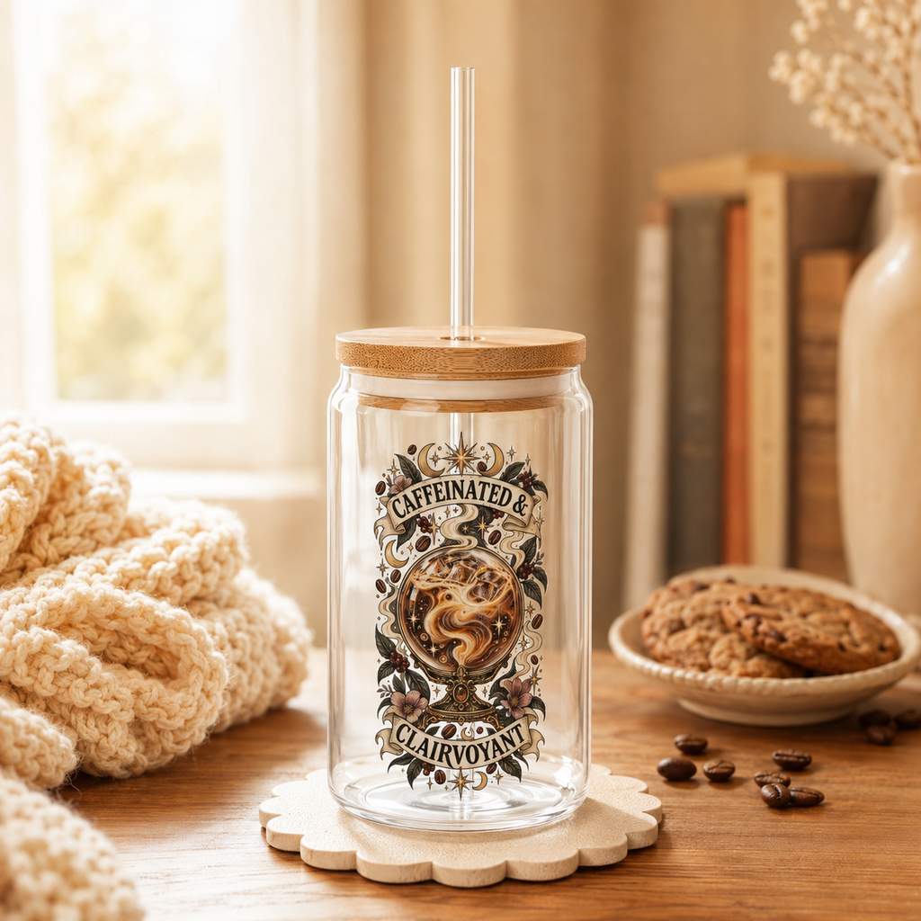 Caffeinated & Clairvoyant 16oz Glass Sipper | Witchy Iced Coffee Tumbler